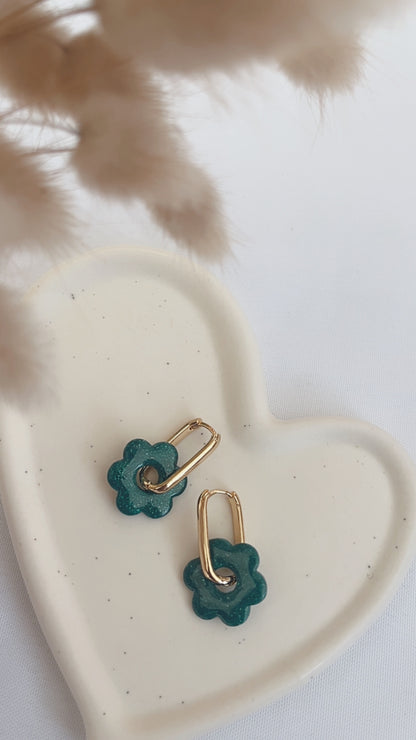 Boucles d'oreilles Tahaa - Fleur - Bleu canard paillettes