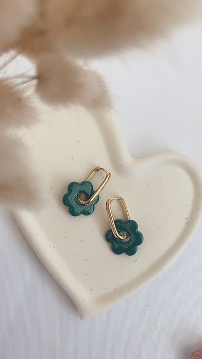 Boucles d'oreilles Tahaa - Fleur - Bleu canard paillettes